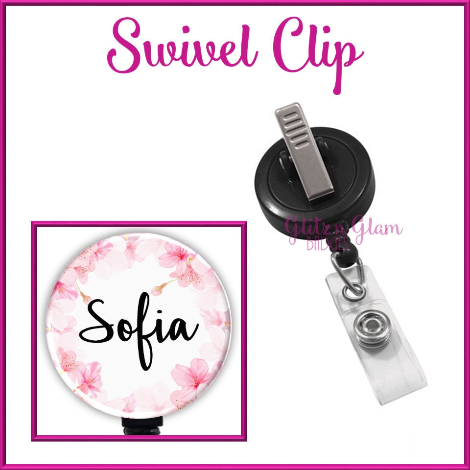 Pink Flowers Retractable Badge Reel with Personalized Name GG5029