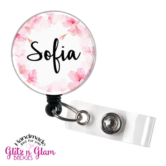 Pink Flowers Retractable Badge Reel with Personalized Name GG5029