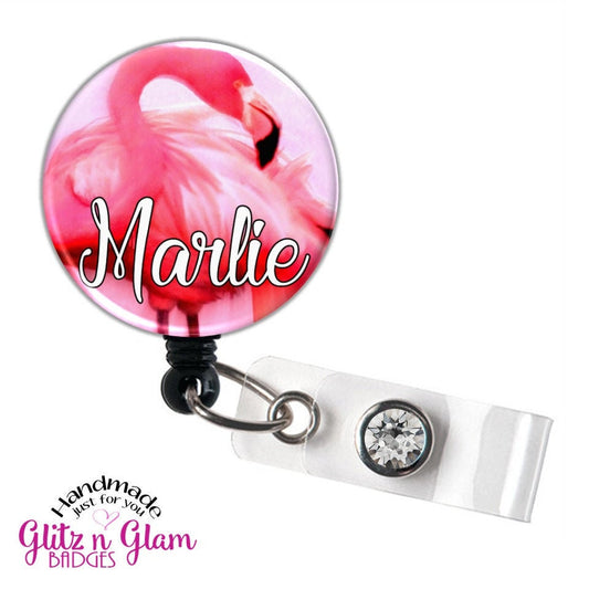 Cute Script Personalized Flamingo Retactable ID Badge Reel Holder Clip GG4437