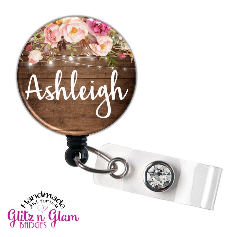 Flowers and Woodgrain Retractable Badge Holder Reel GG4469