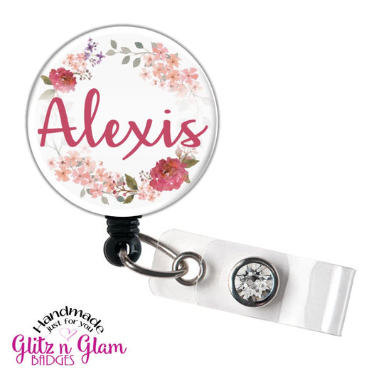 Pink Flowers Retractable ID Badge Holder Reel GG4530