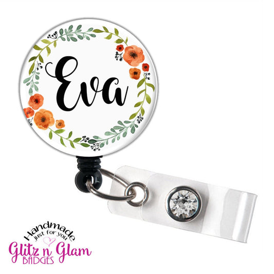 Orange Poppy Flower Wreath Personalized Retractable Badge Reel GG4383