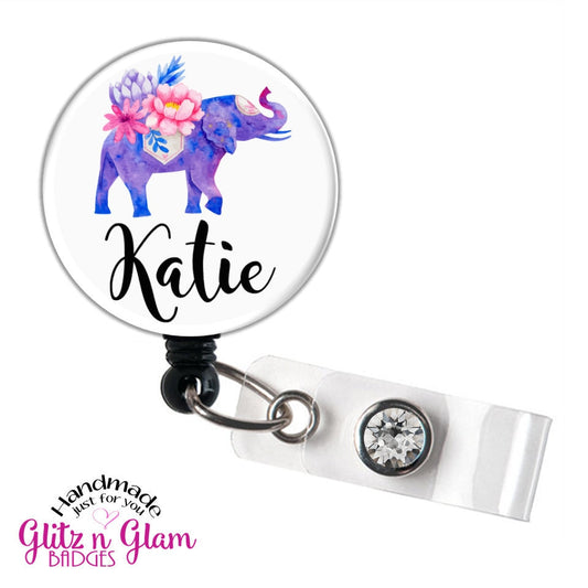 Elephant with Fancy Script Personalized Retractable Badge Reel GG4607