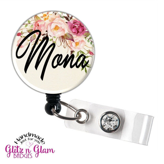 Personalized Pink Flowers Retractable Badge Reel GG4452