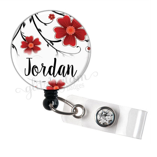 Red Flowers Personalized Retractable Badge Reel GG2390