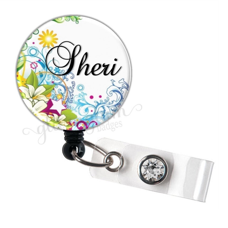 Personalized Floral Badge Reel with Script Font GG2144