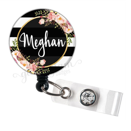 Personalized Pink Flowers Retractable Badge Holder Reel GG4514