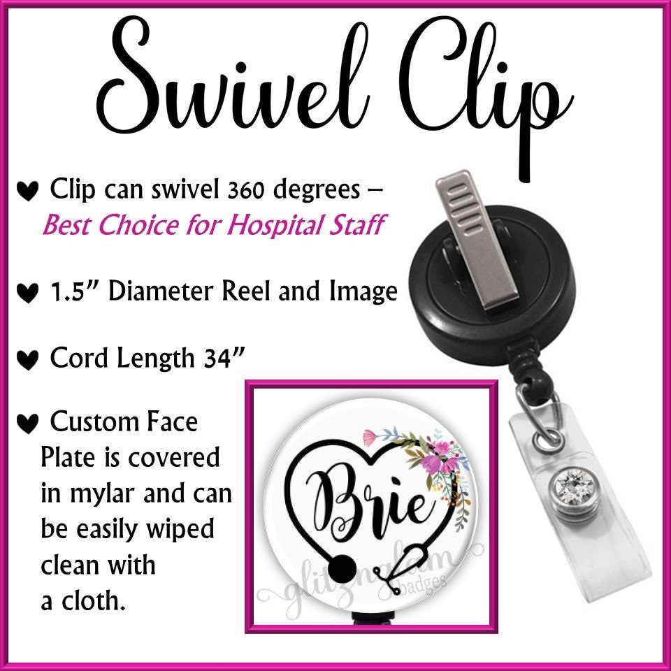 Pink Flowers on a Heart Stethoscope Retractable ID Badge Reel GG5019B