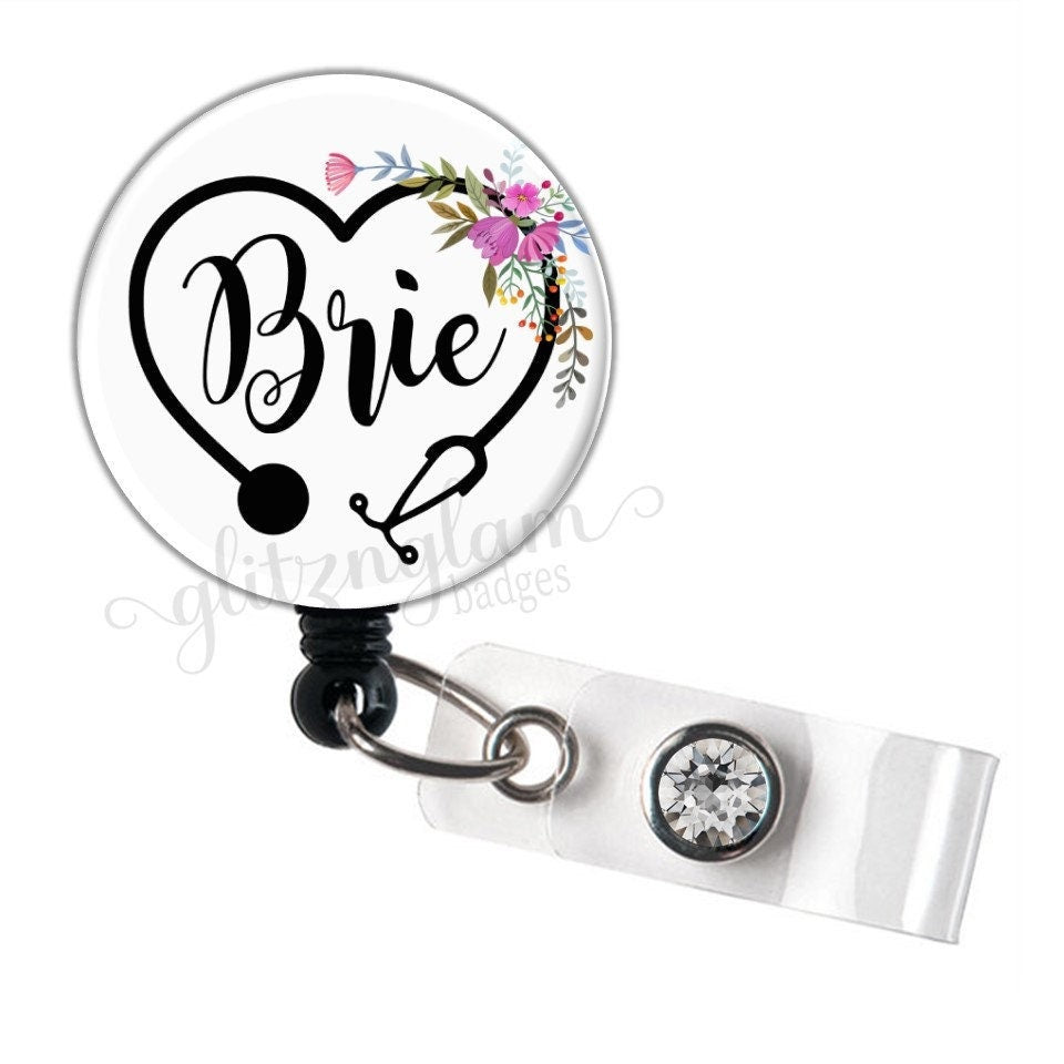 Pink Flowers on a Heart Stethoscope Retractable ID Badge Reel GG5019B