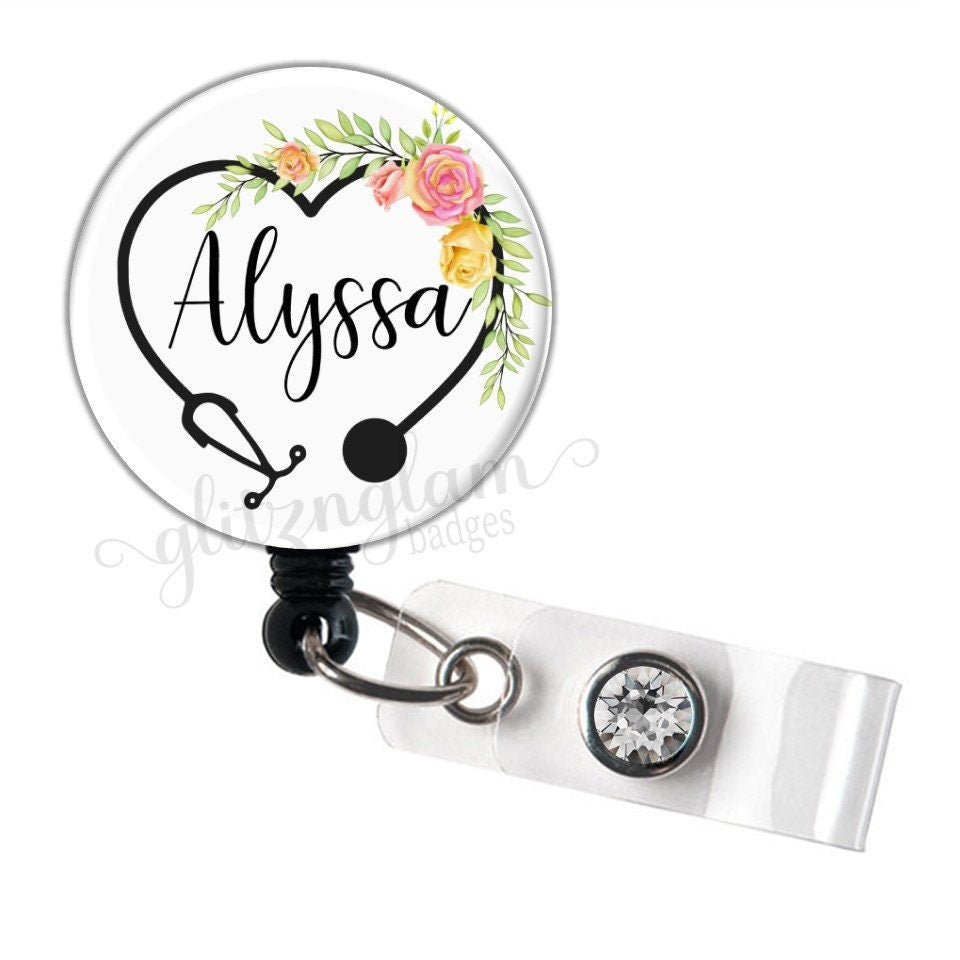 Nurse Stethoscope with Flowers Retractable Badge Reel Holder Personalized with Your Name GG5023