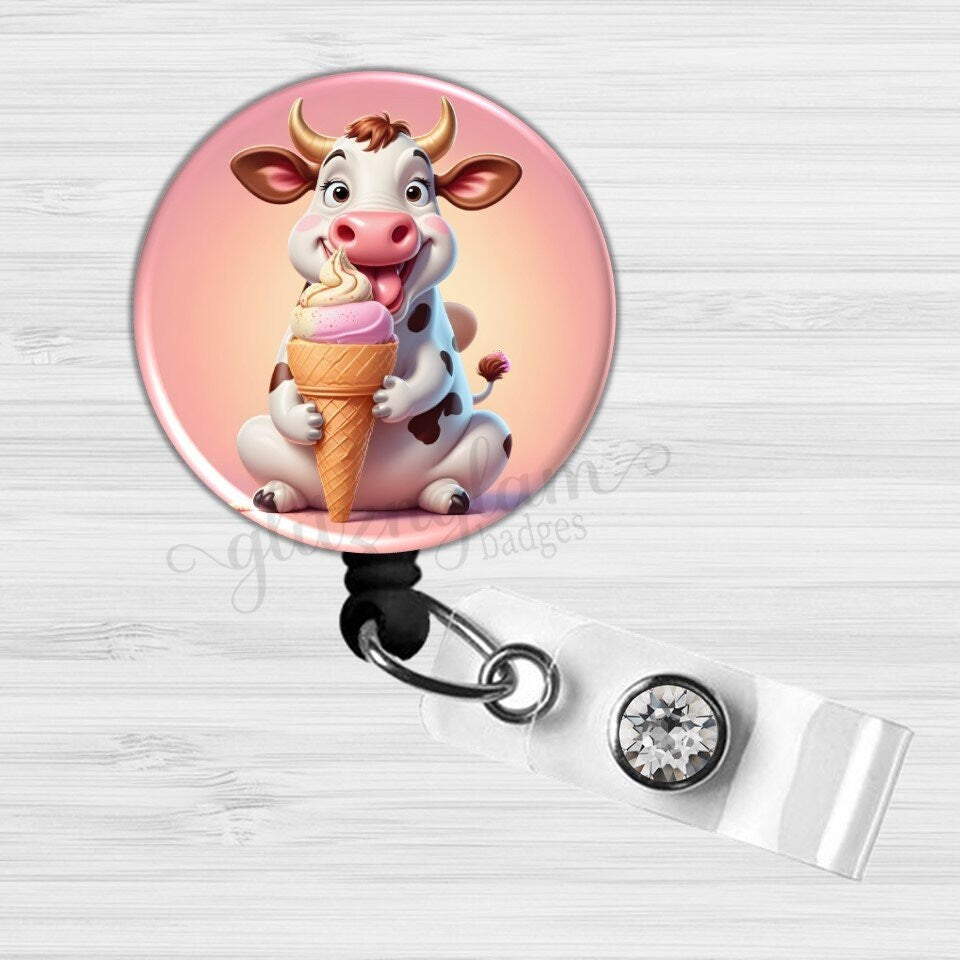 Funny Cow Eating an Ice Cream Cone Retractable ID Badge Holder Reel GG6593